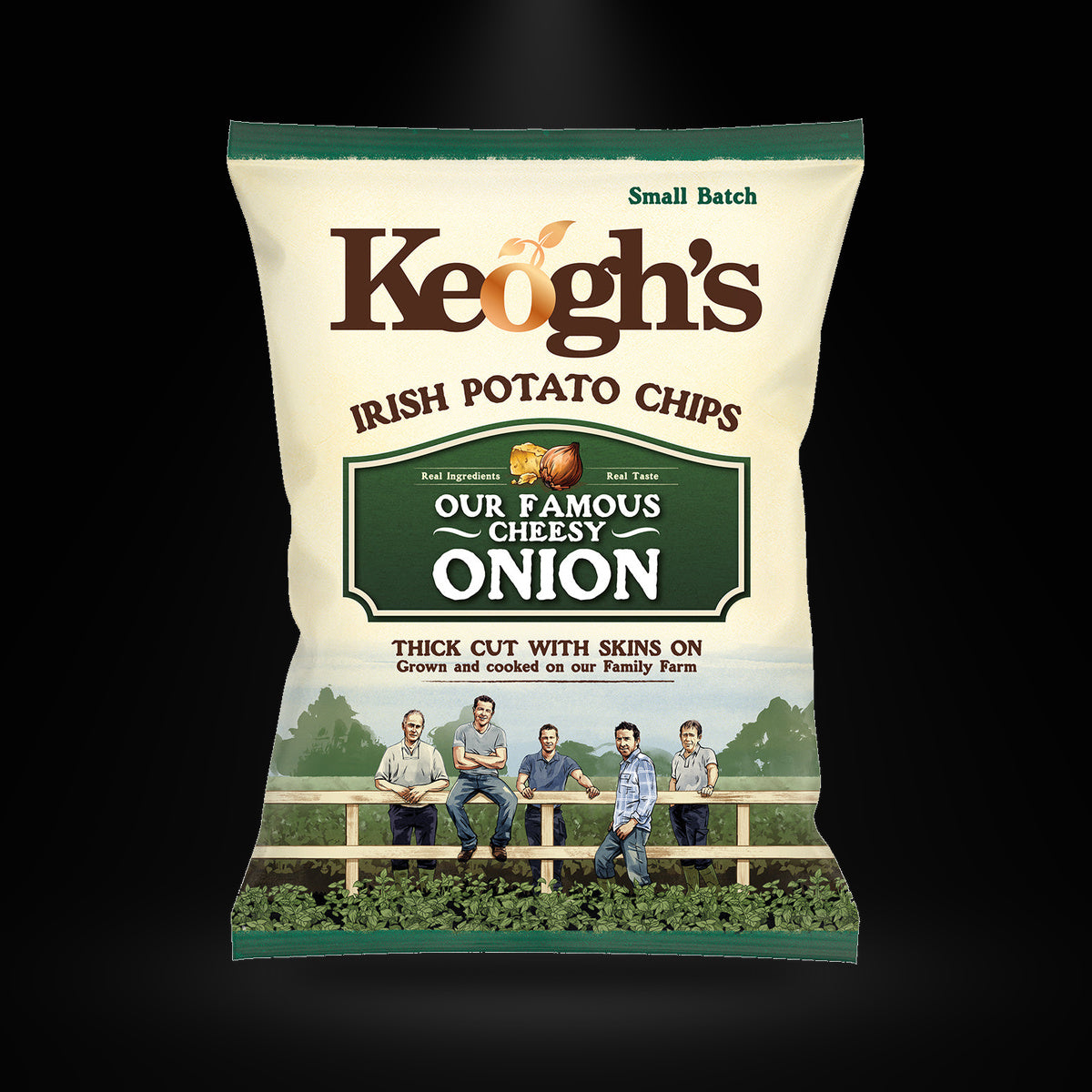Keoghs Cheese&Onion 40G on a black background with an overhead spotlight