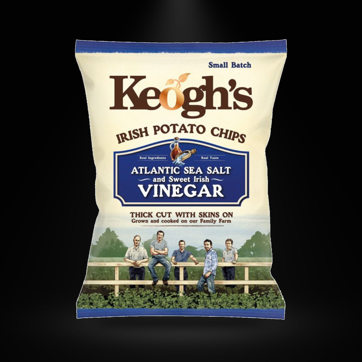 Keoghs sea salt&vinegar on a black background with an overhead spotlight