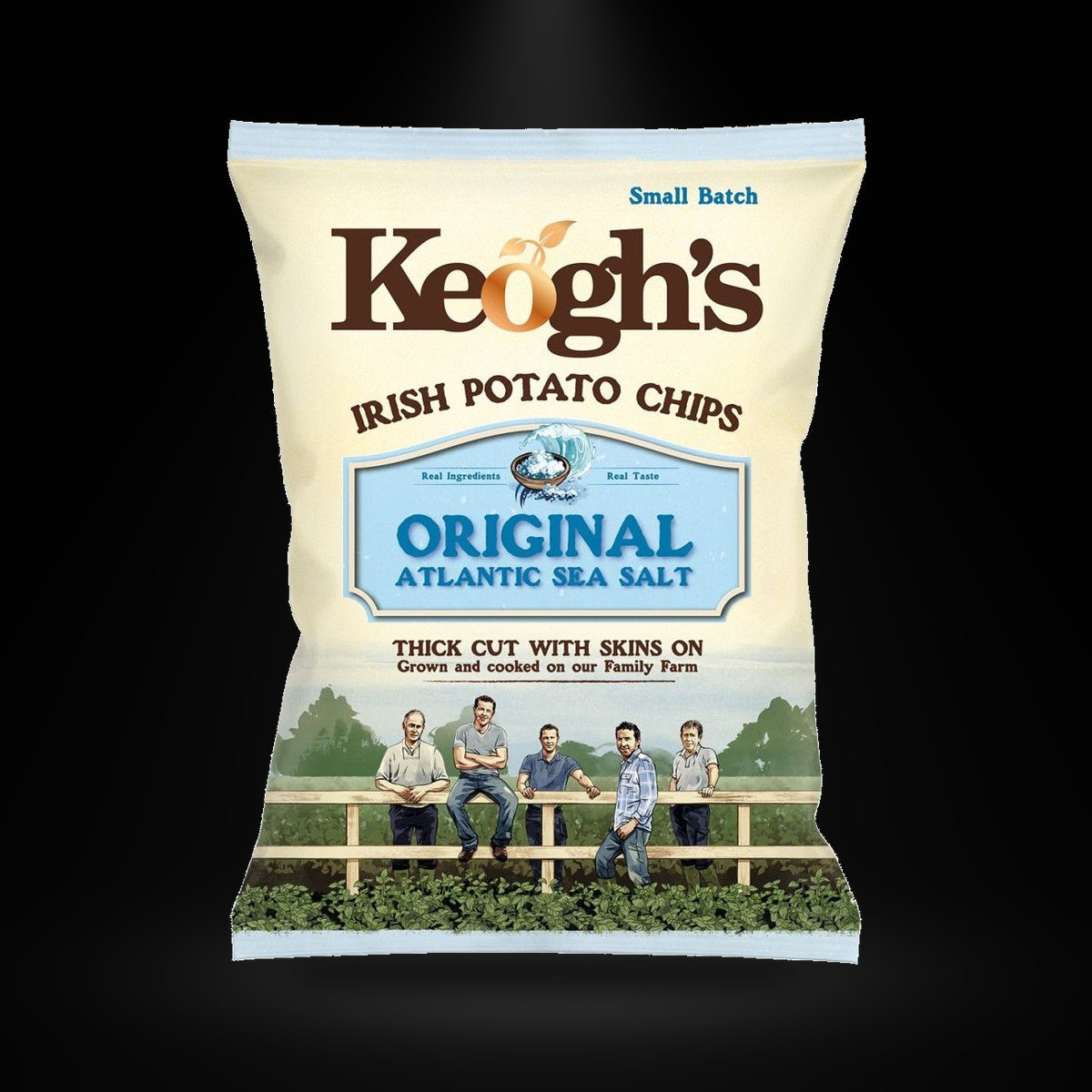 Keoghs sea salt on a black background with an overhead spotlight