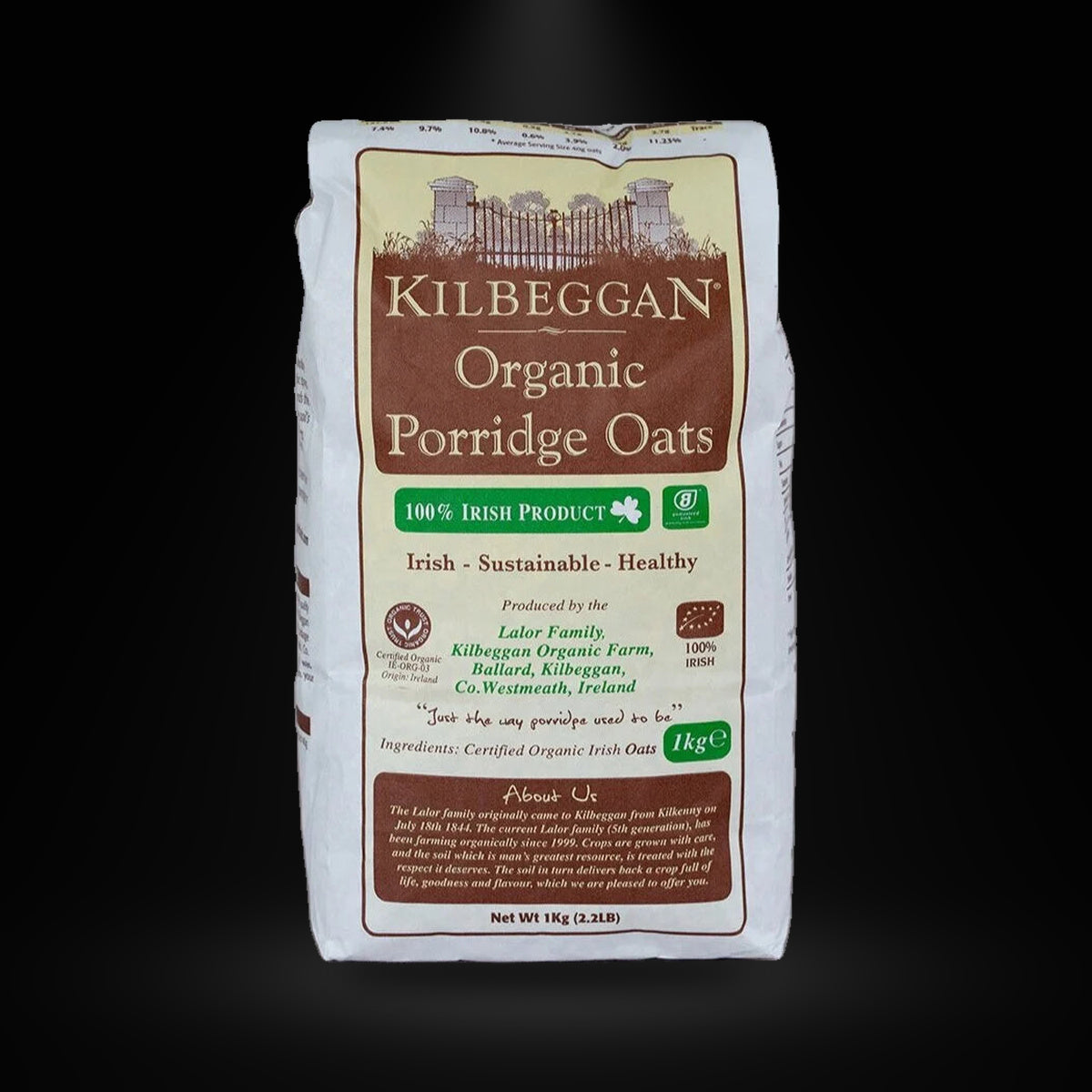 Kilbeggan Organic Oatmeal 1KG on a black background with an overhead spotlight