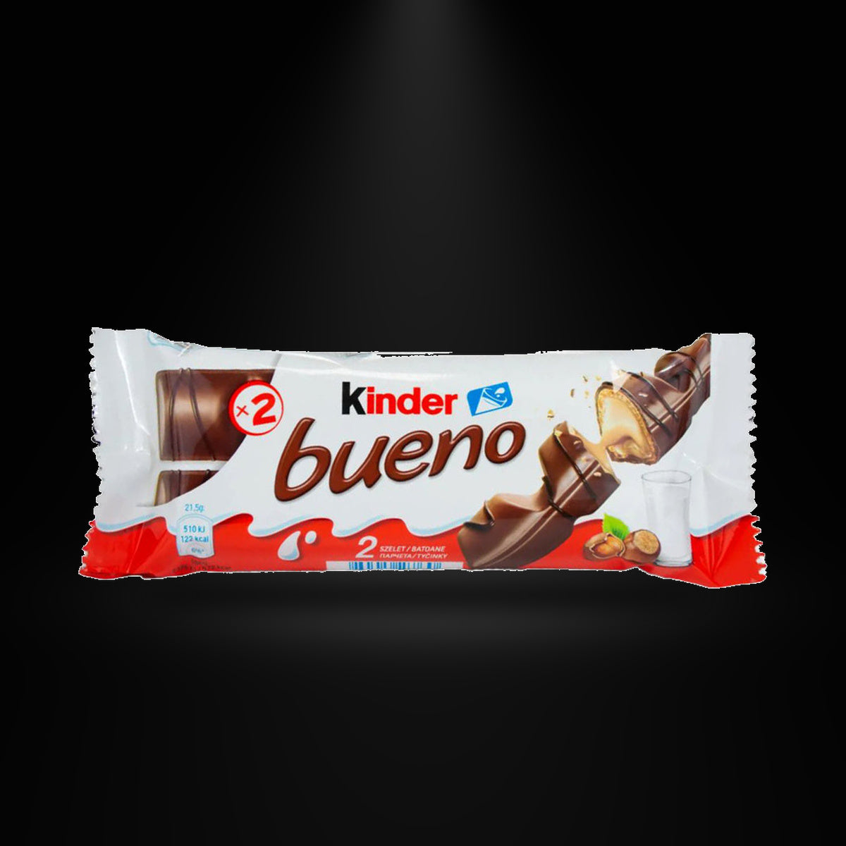 Kinder bueno Candy Bar 43G on a black background with an overhead spotlight