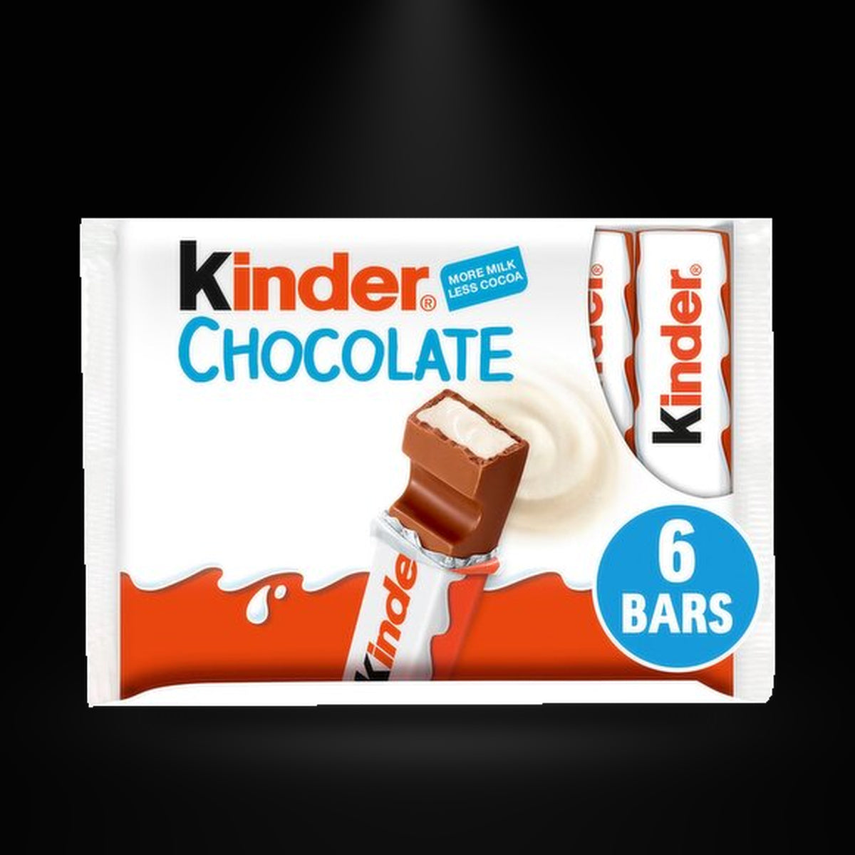 Kinder Chocolate Medium 6Pack on a black background with an overhead spotlight