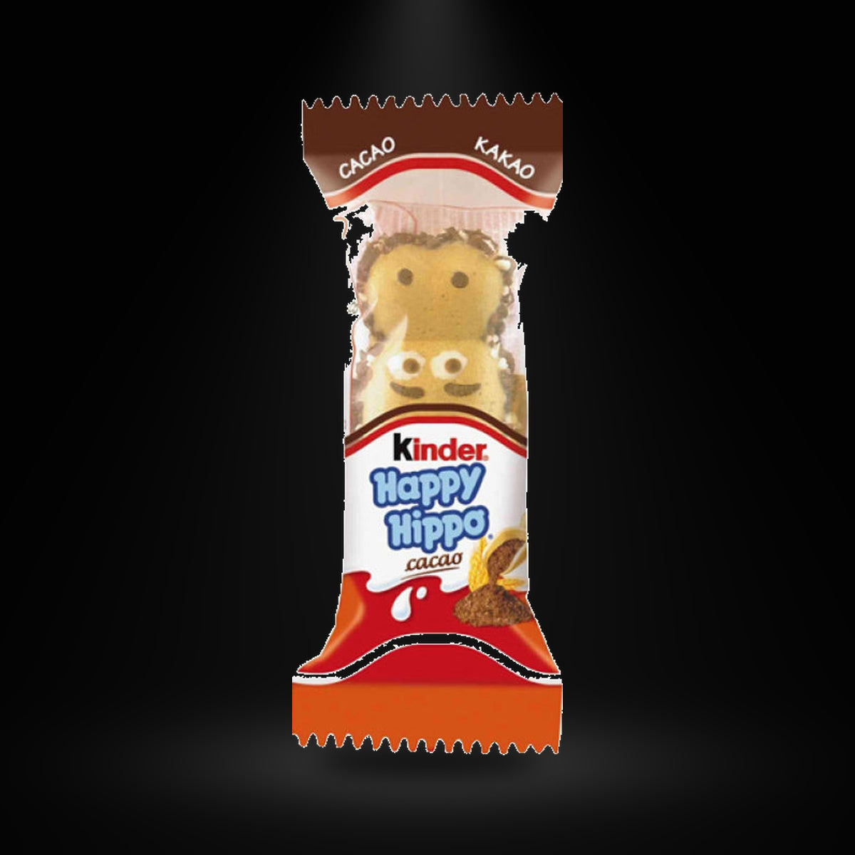 Kinder Happy Hippo on a black background with an overhead spotlight