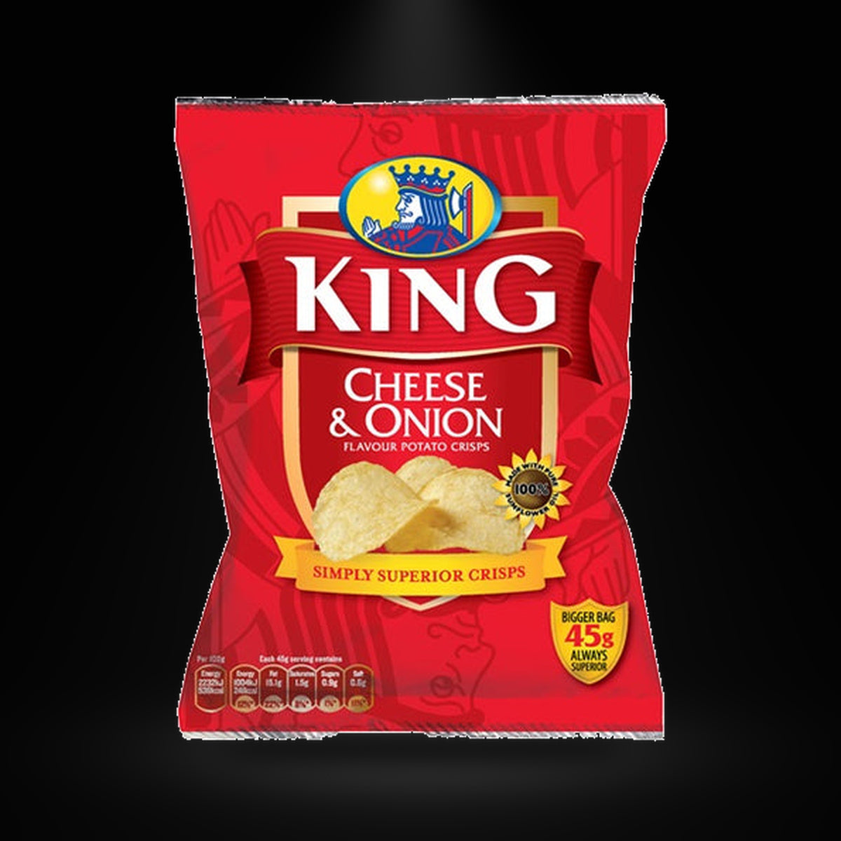 King Cheese&Onion 26G on a black background with an overhead spotlight