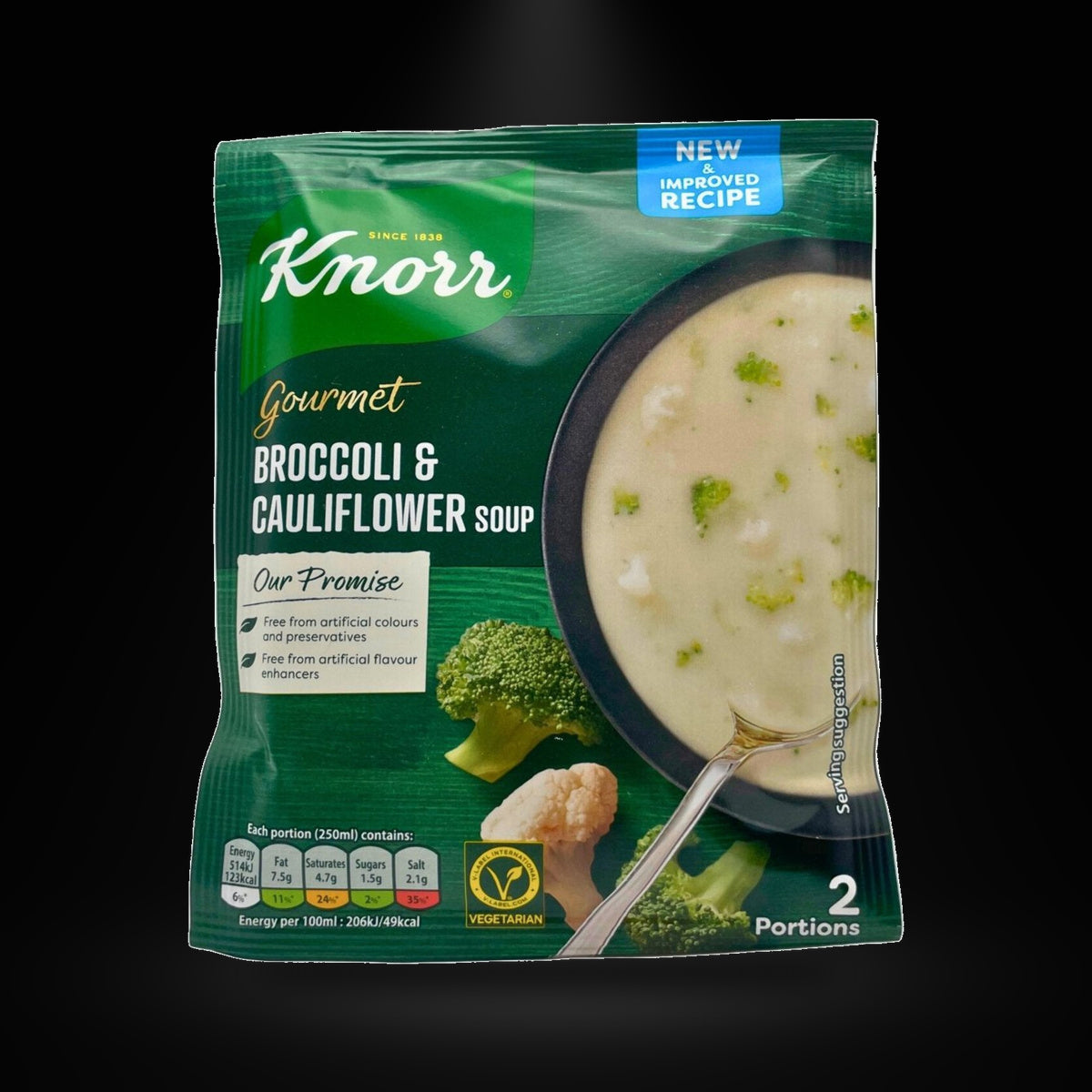 Knorr Broccoli & Cauliflower on a black background with an overhead spotlight