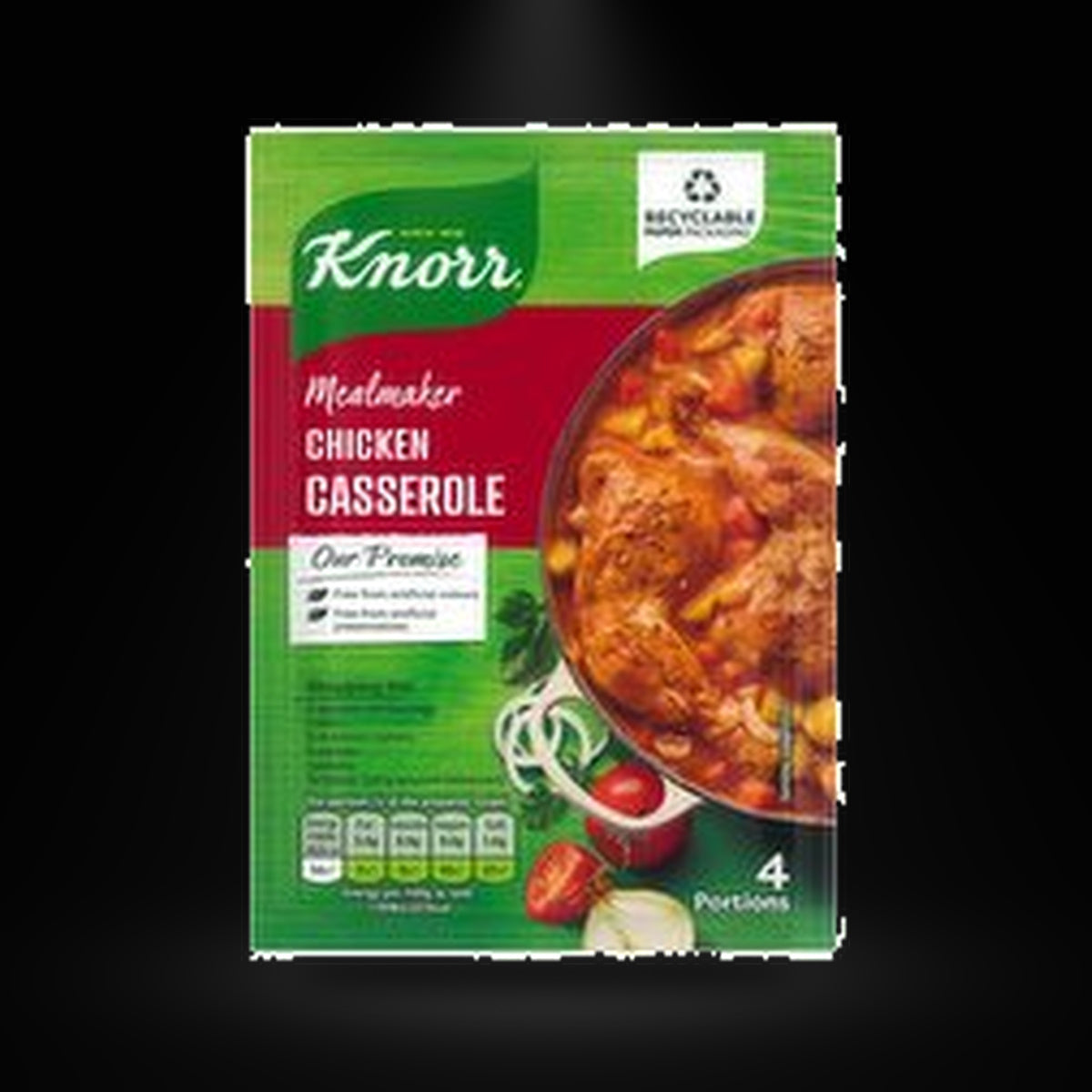 Knorr Chicken Chasseur on a black background with an overhead spotlight