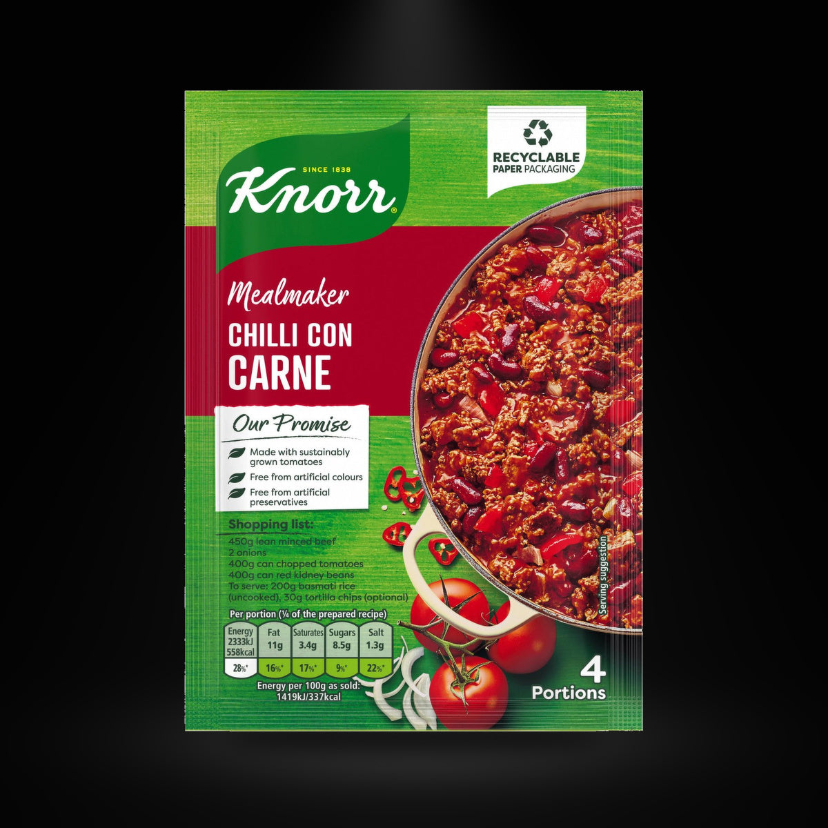 Knorr Chilli Con Carne on a black background with an overhead spotlight