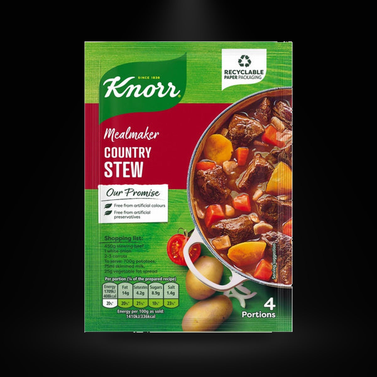 Knorr Country Stew on a black background with an overhead spotlight