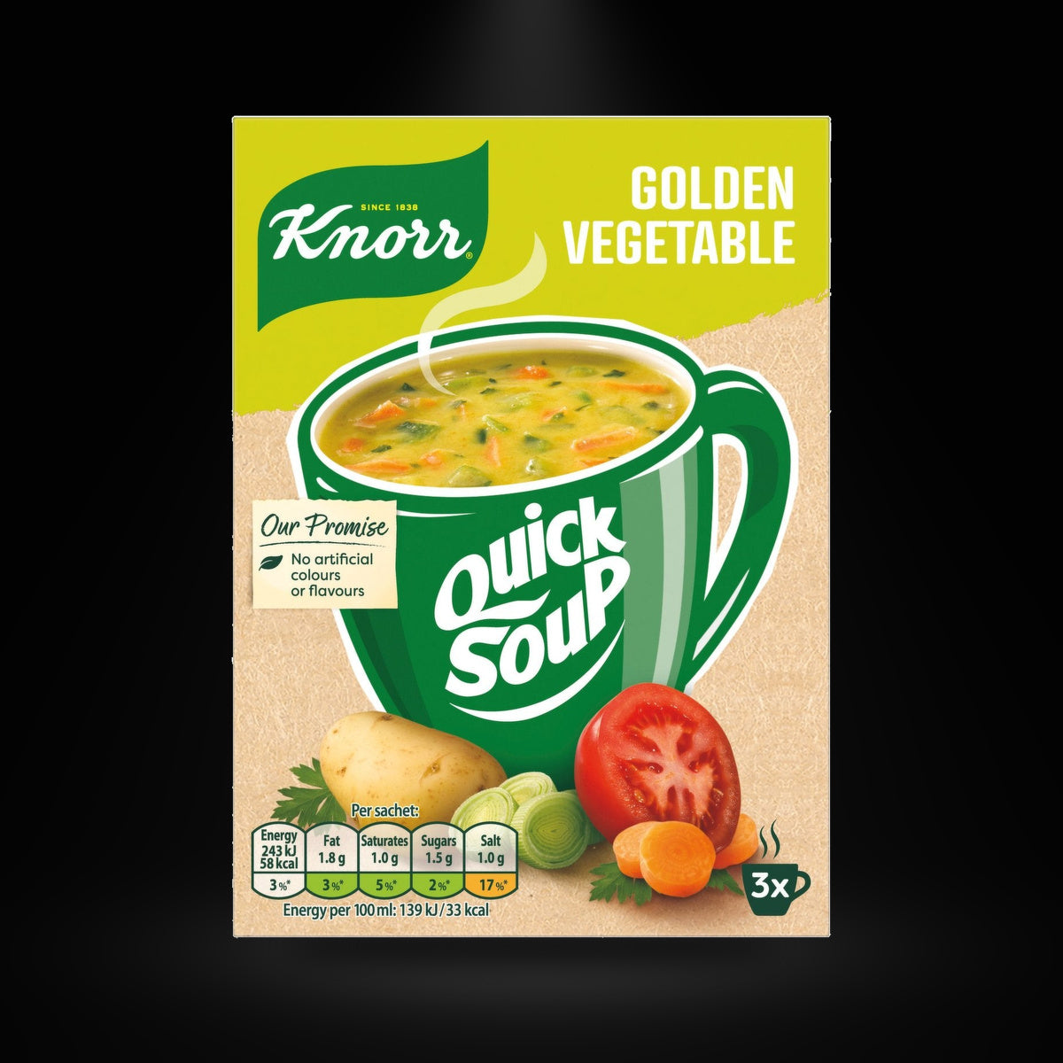 Knorr Golden Vegetable Quick Soup 48G on a black background with an overhead spotlight