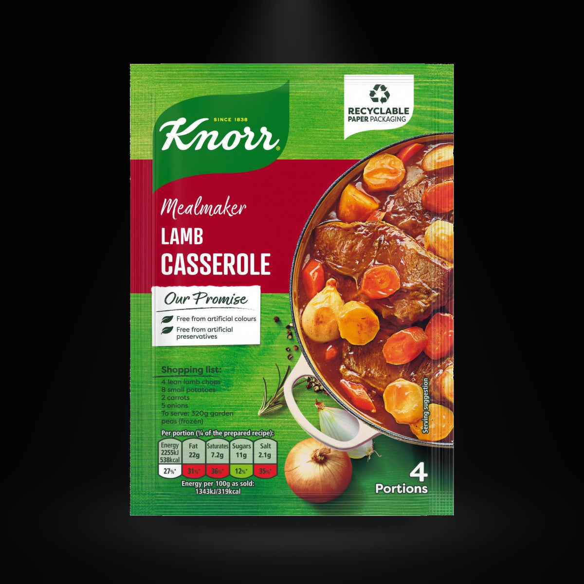 Knorr Lamb Casserole on a black background with an overhead spotlight