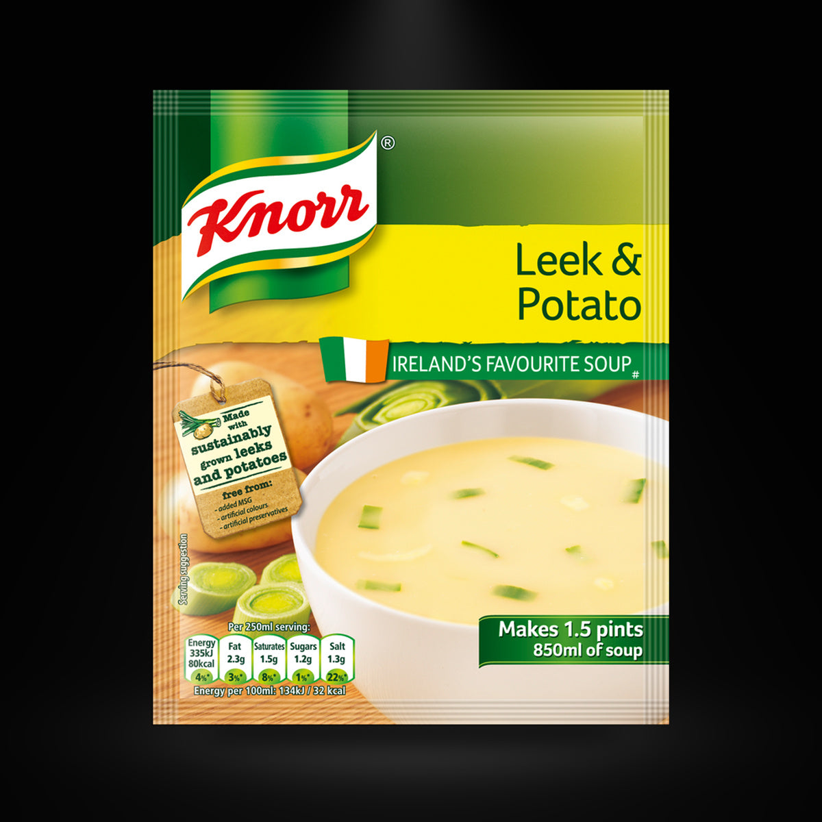 Knorr Leek and Potato Soup on a black background with an overhead spotlight