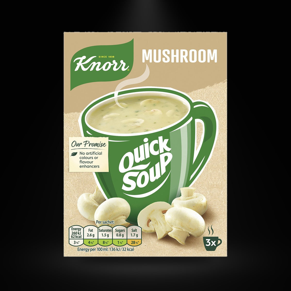 Knorr Mushroom Quick Soup on a black background with an overhead spotlight