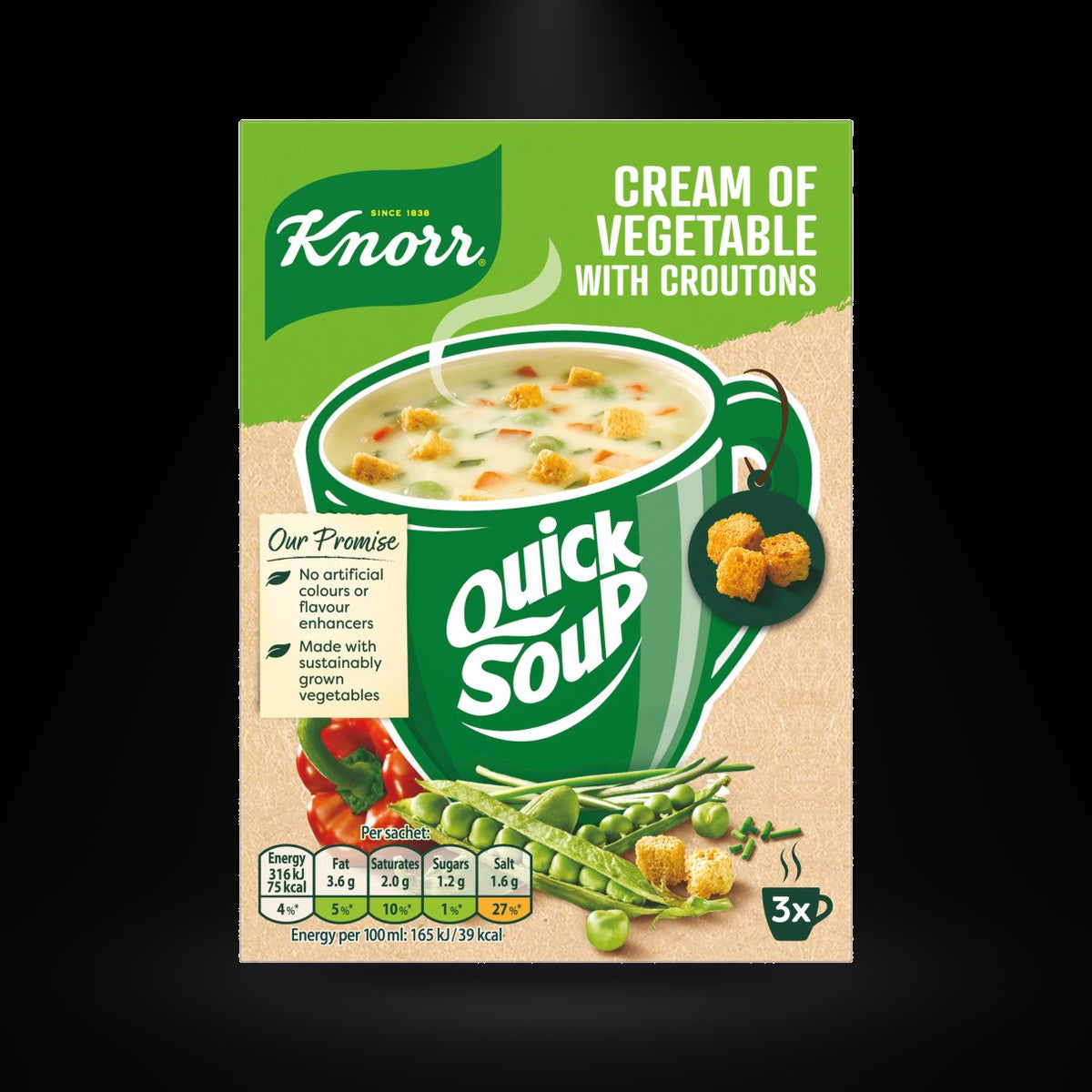 Knorr Quick Soup Cream Of Vegetable 51G on a black background with an overhead spotlight