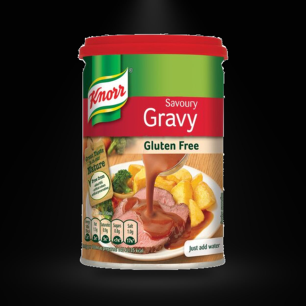Knorr Savory Gravy 185gm on a black background with an overhead spotlight