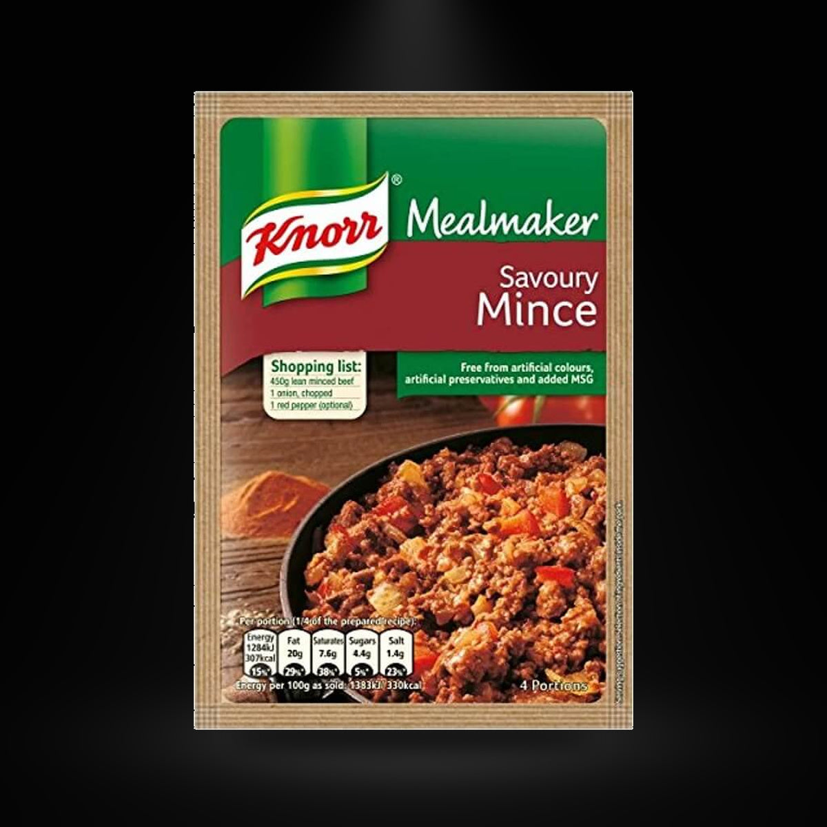 Knorr Savoury Mince on a black background with an overhead spotlight
