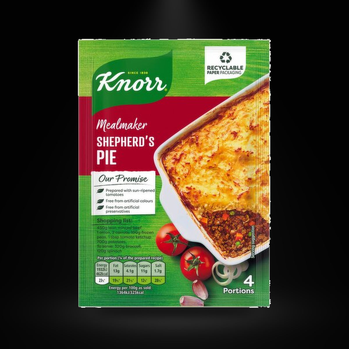 Knorr Shepard's Pie on a black background with an overhead spotlight