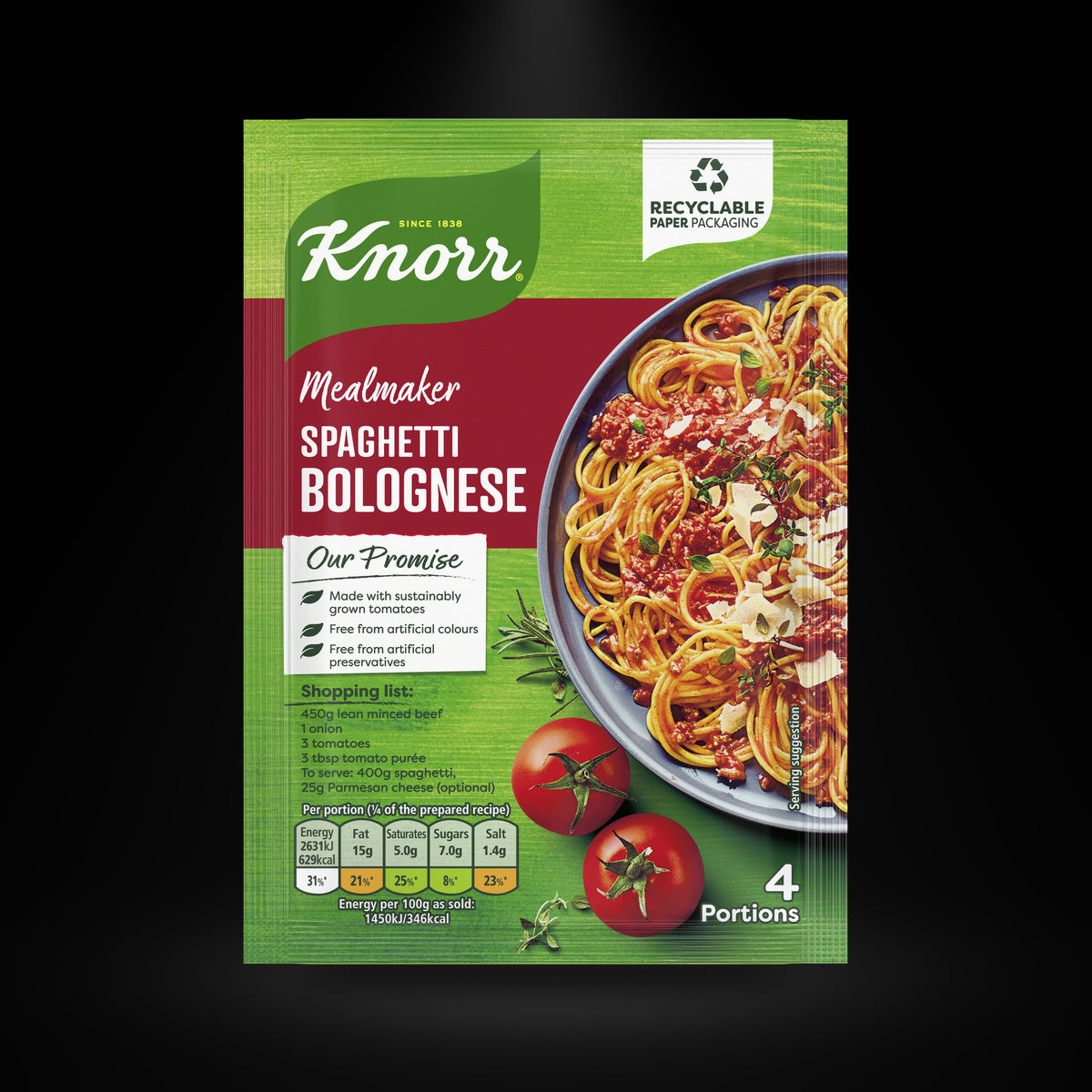 Knorr Spaghetti Bolognese on a black background with an overhead spotlight