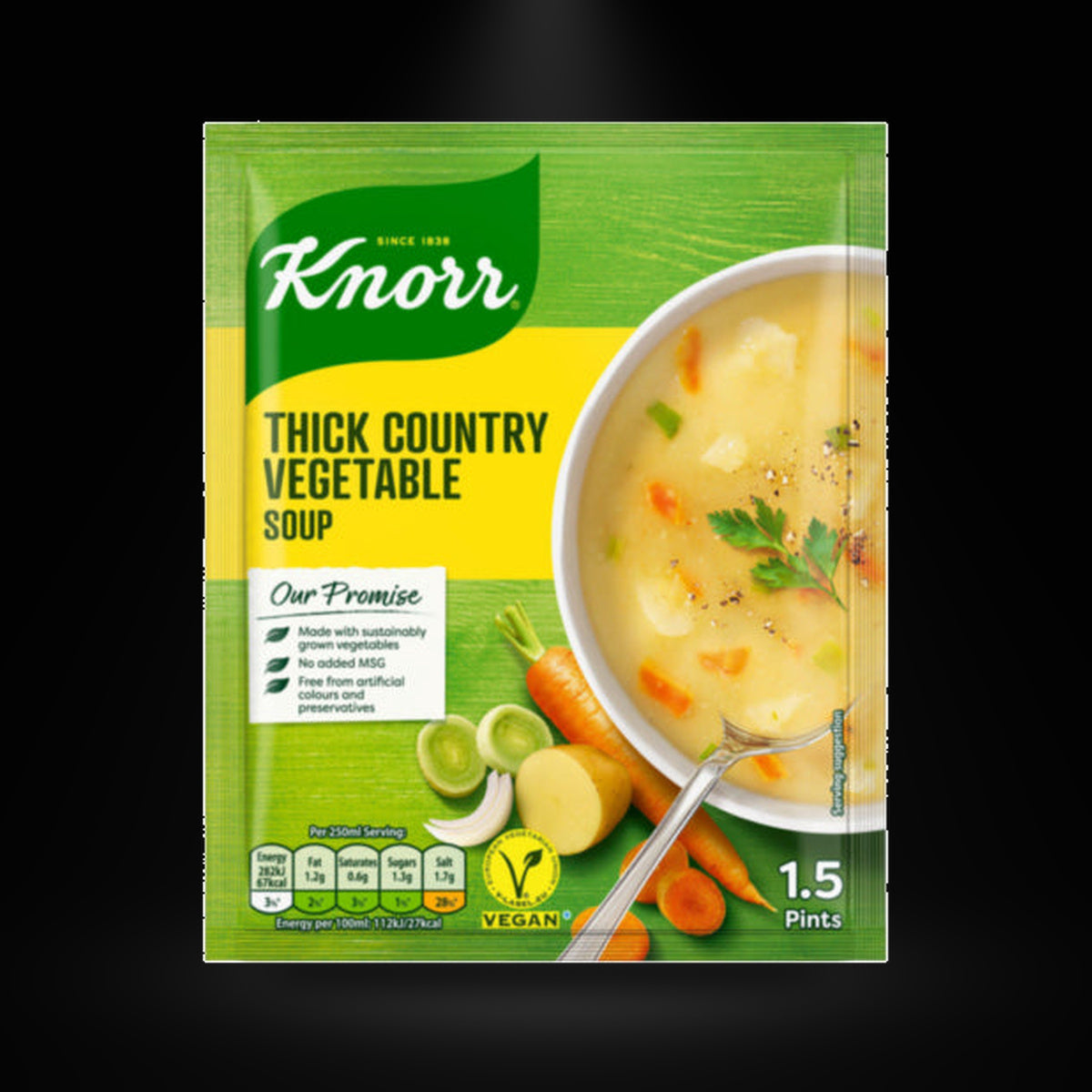Knorr Thick Country Soup on a black background with an overhead spotlight