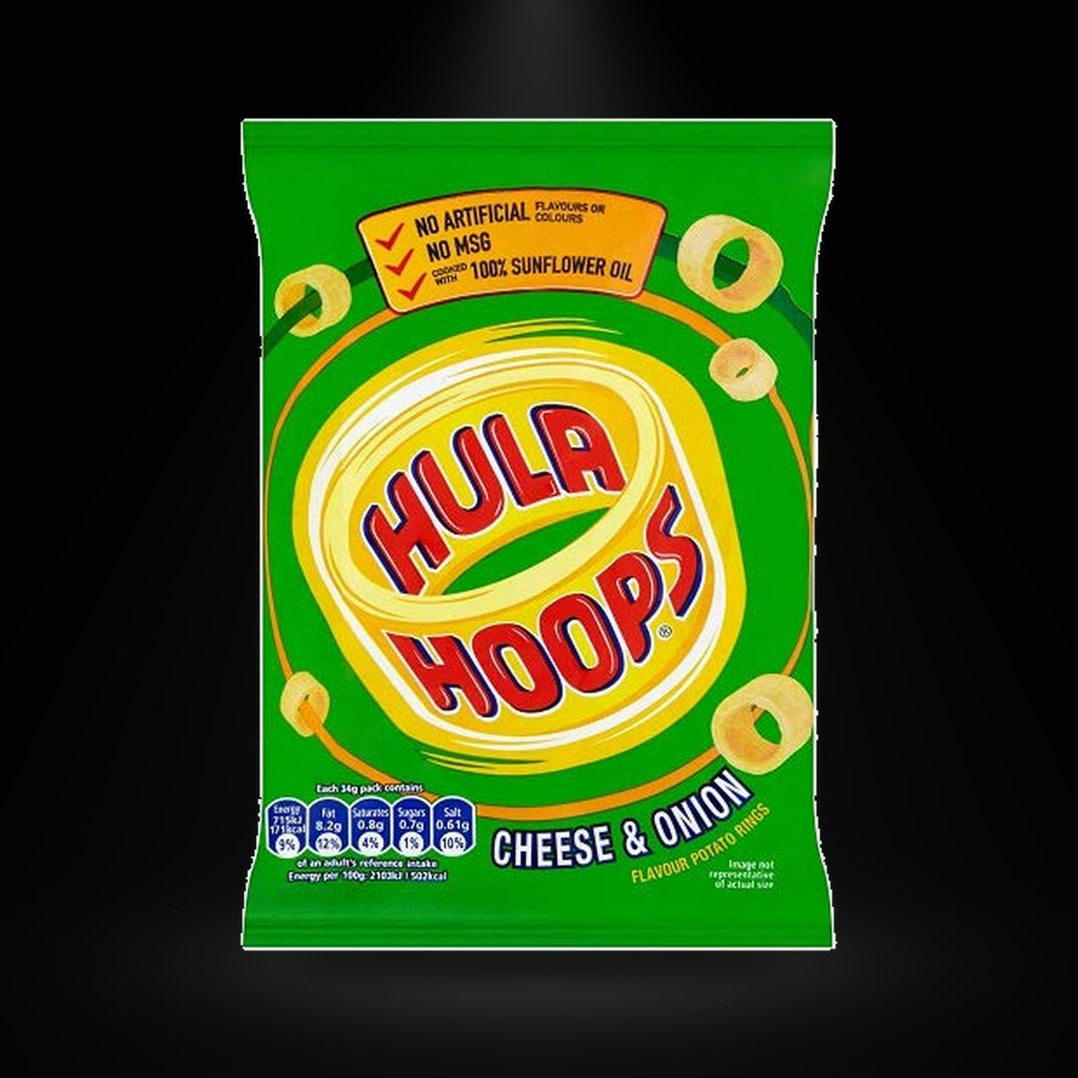 Kp Hula Hoops Cheese Onion 34G on a black background with an overhead spotlight
