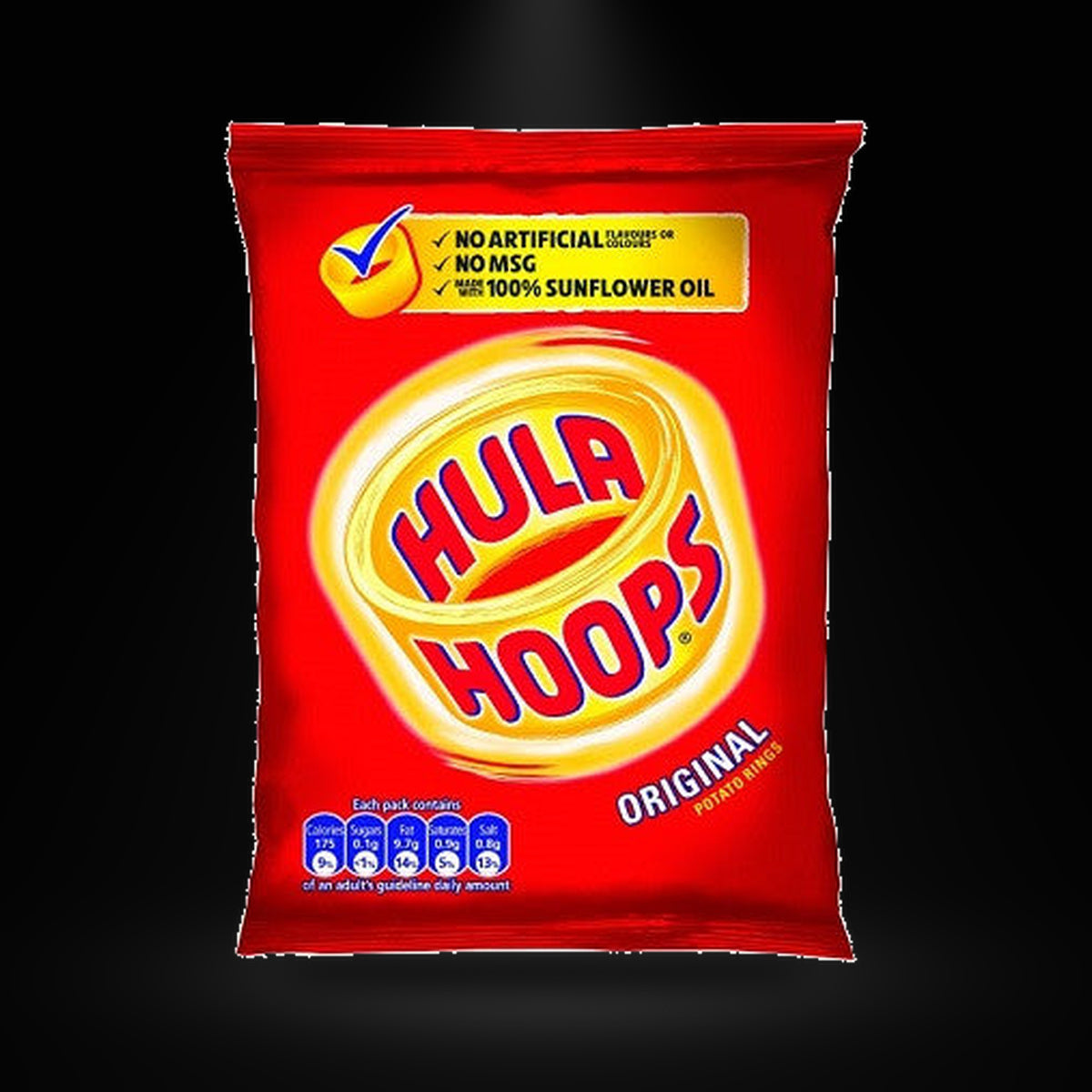 KP Hula hoops original on a black background with an overhead spotlight