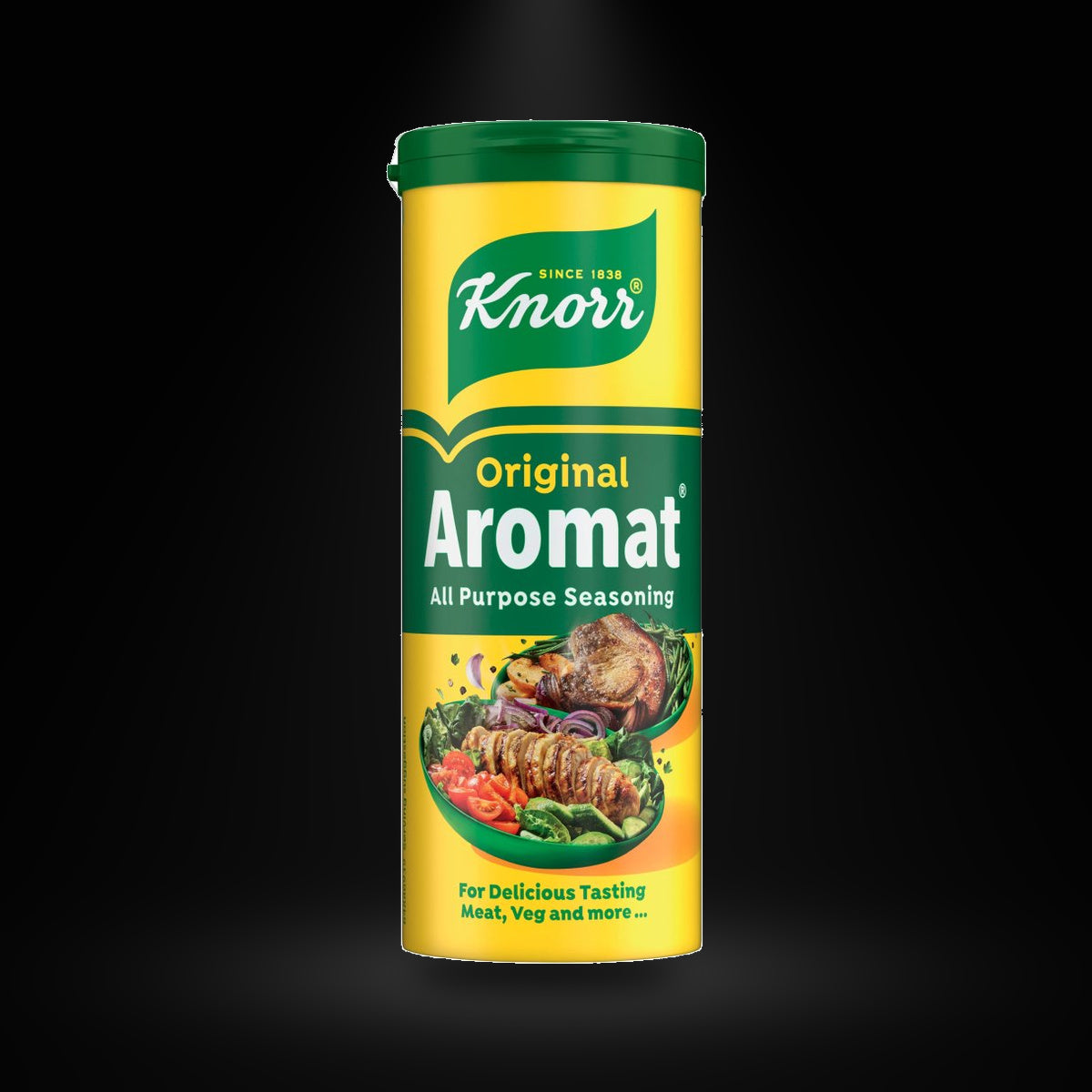 Krorr Aromat 90g on a black background with an overhead spotlight