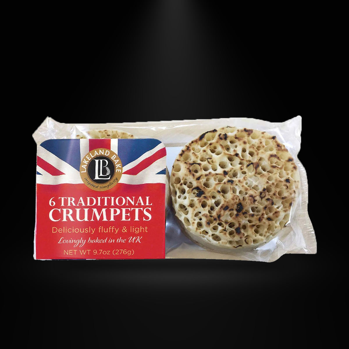 Lakeland Crumpets 276G on a black background with an overhead spotlight