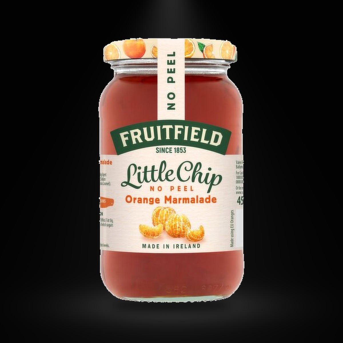 Little Chip No Peel Orange Marmalade on a black background with an overhead spotlight