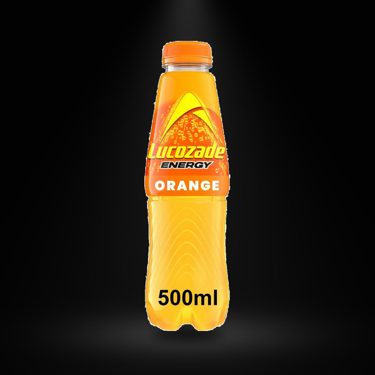 Lucozade Orange 500ml on a black background with an overhead spotlight