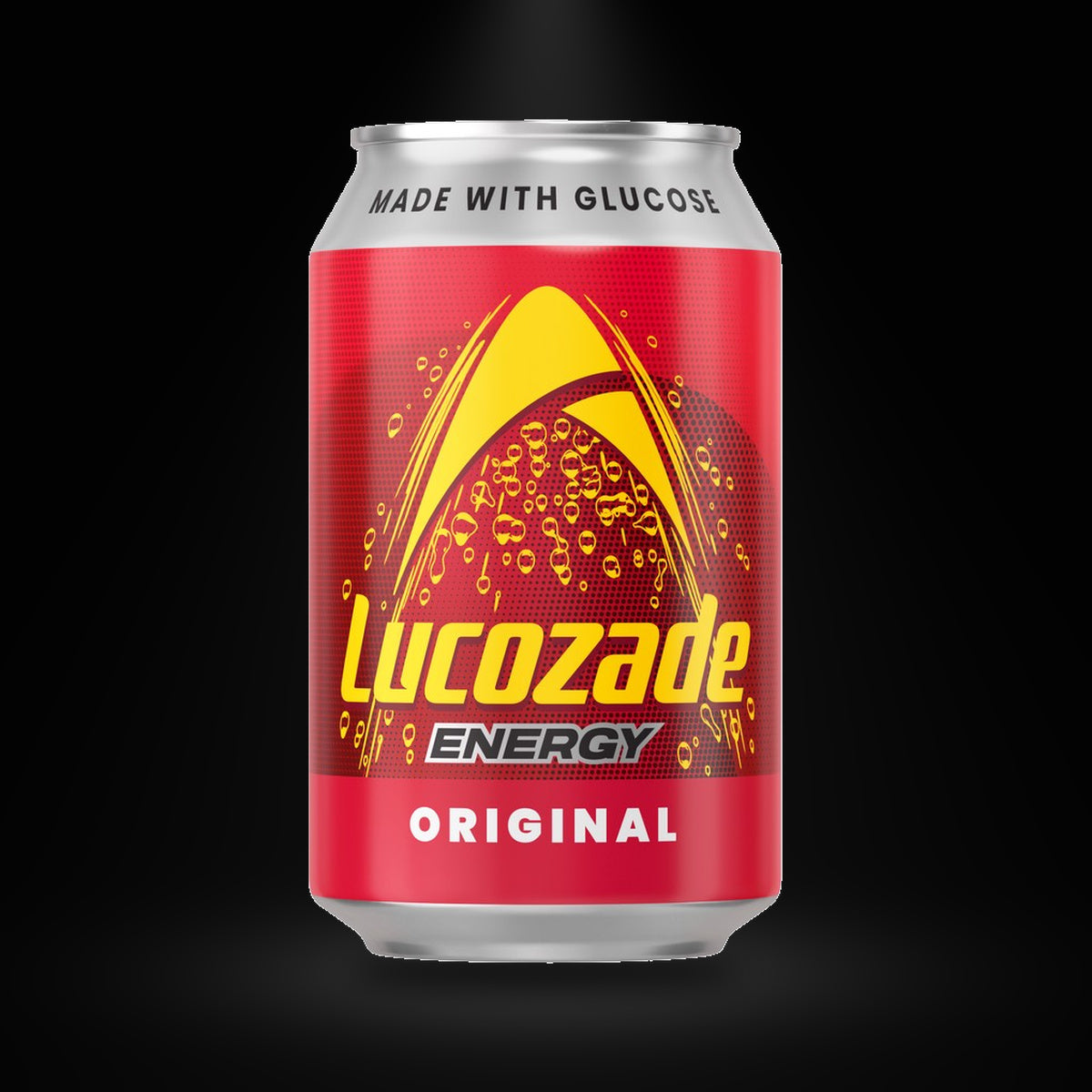 Lucozade org can on a black background with an overhead spotlight