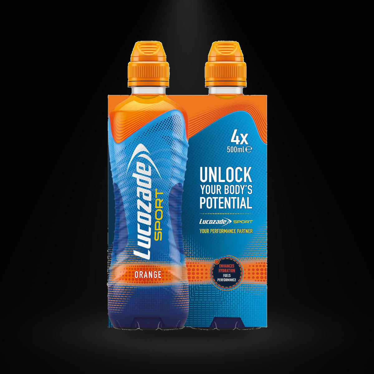 Lucozade Sport 4pk 500ml on a black background with an overhead spotlight