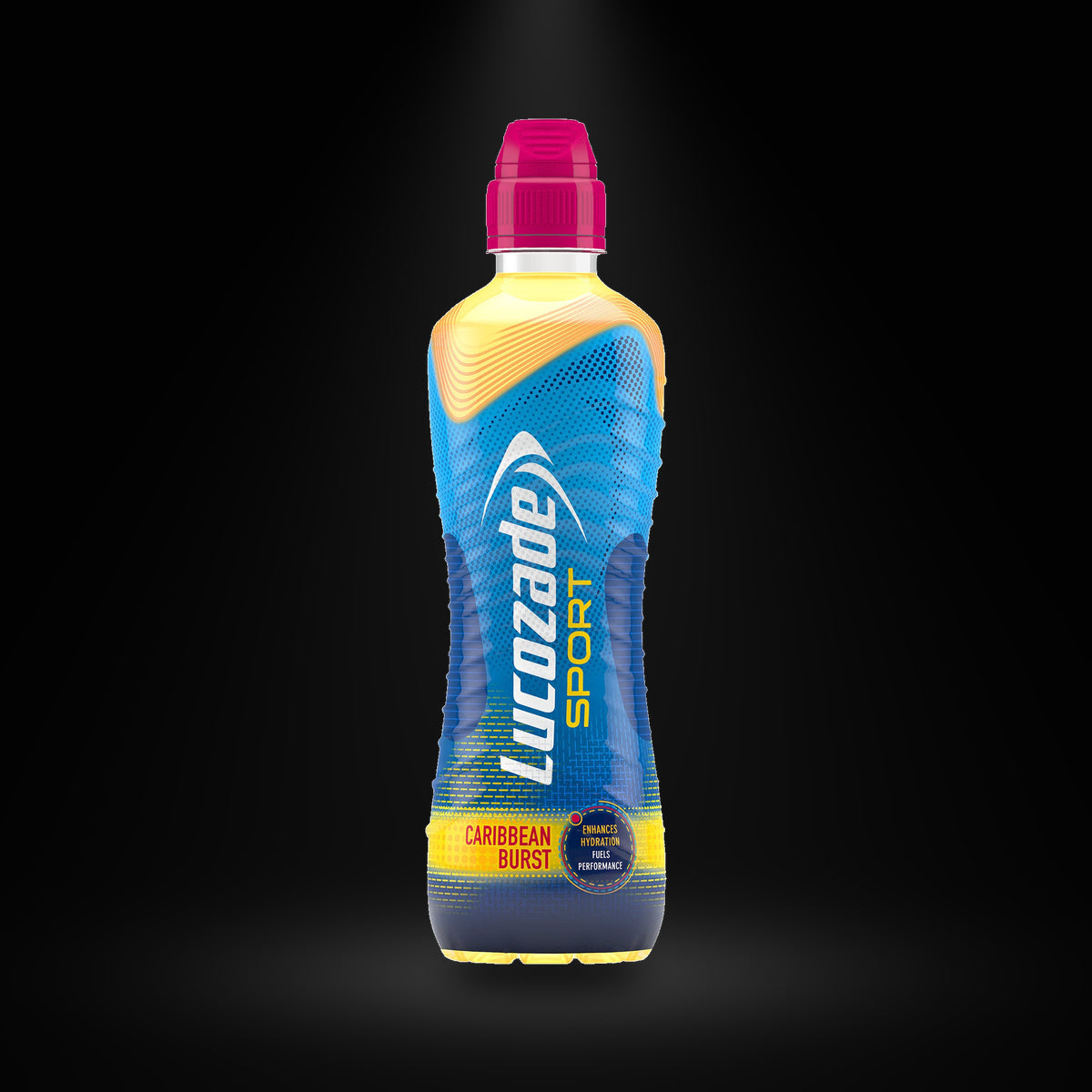 Lucozade Sport Caribbean Burst 500Ml on a black background with an overhead spotlight