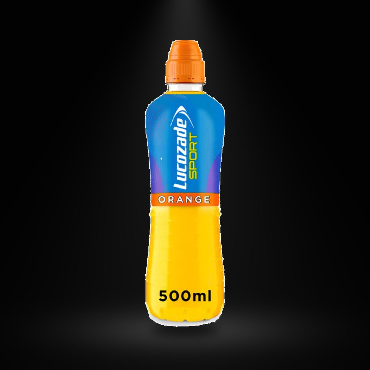 Lucozade sport orange 500ml on a black background with an overhead spotlight