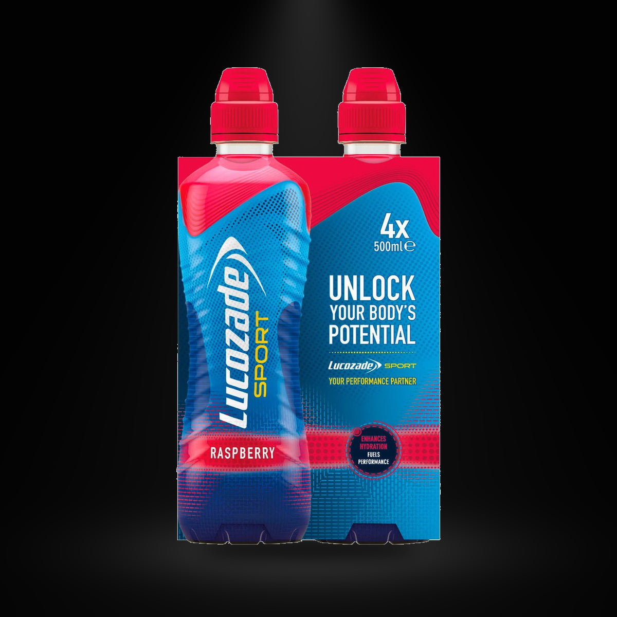 Lucozade Sport Raspberry 4 pk on a black background with an overhead spotlight