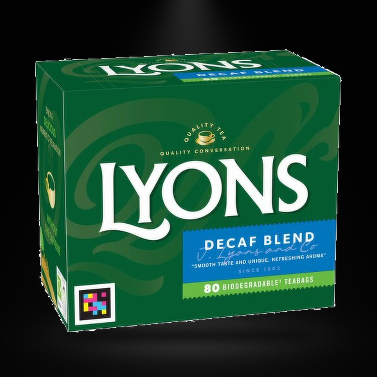 Lyon's Decafe Blend 80B on a black background with an overhead spotlight