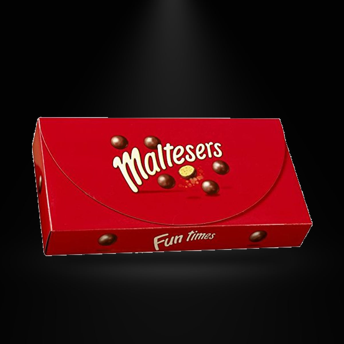 Maltesers 310gm on a black background with an overhead spotlight