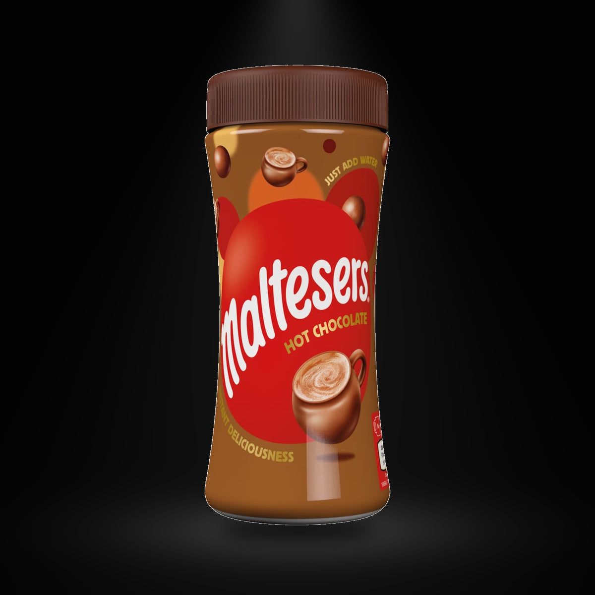Maltesers Hot Chocolate 225gm on a black background with an overhead spotlight
