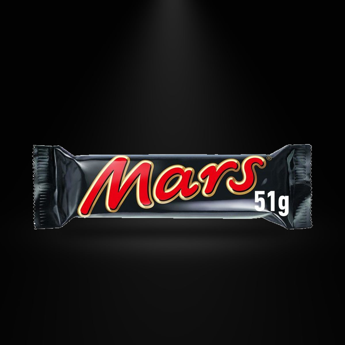 Mars Bar 51 gm on a black background with an overhead spotlight