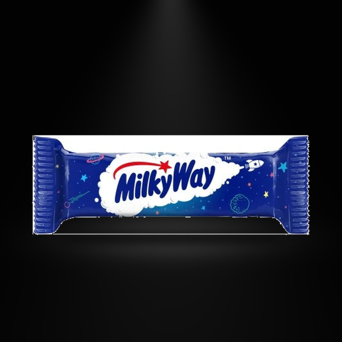 Mars Milkyway 21.5G on a black background with an overhead spotlight