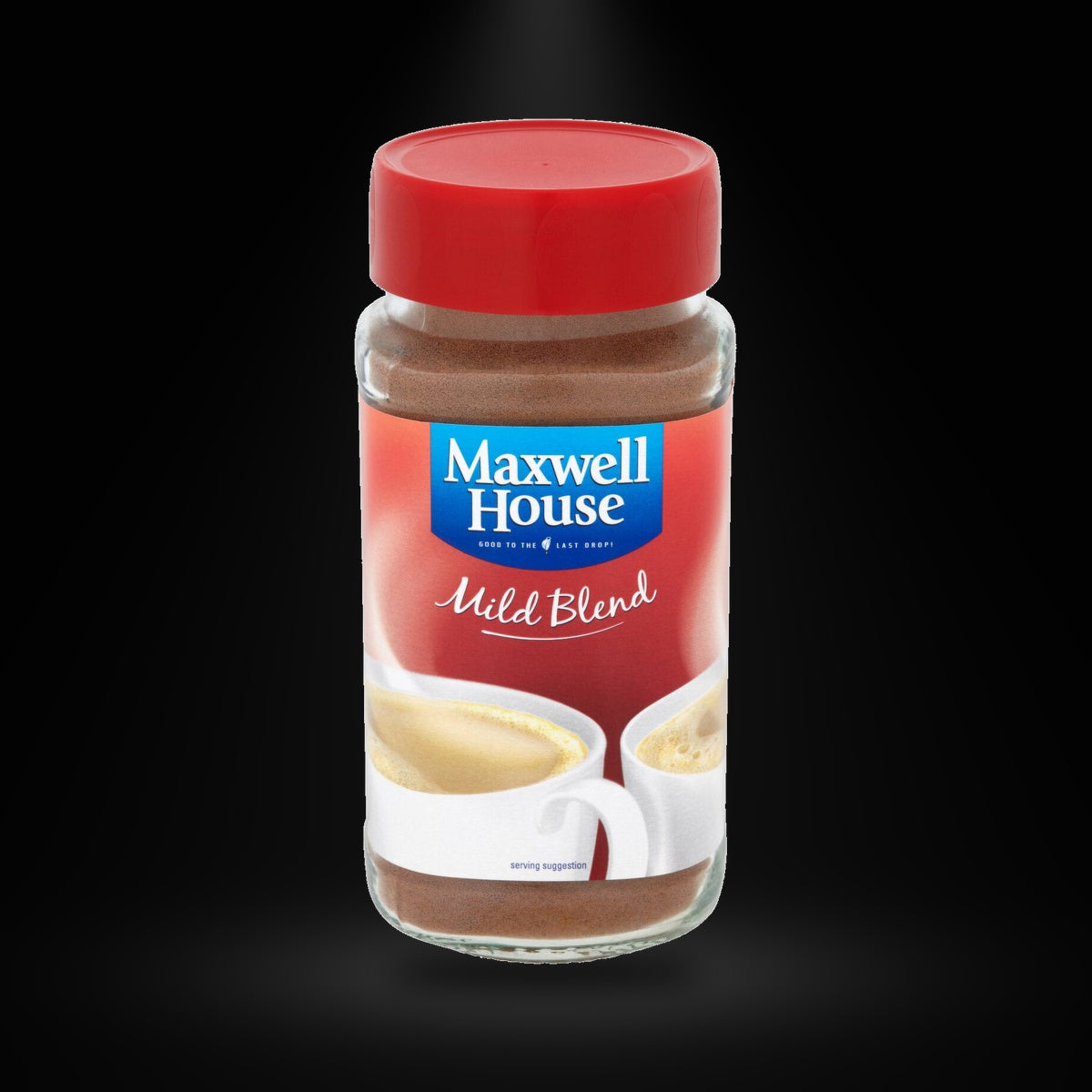Maxwell House Mild (Red) 200G on a black background with an overhead spotlight