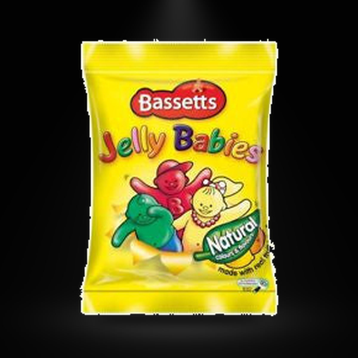 Maynards Bassetts Jelly Babies 130g on a black background with an overhead spotlight