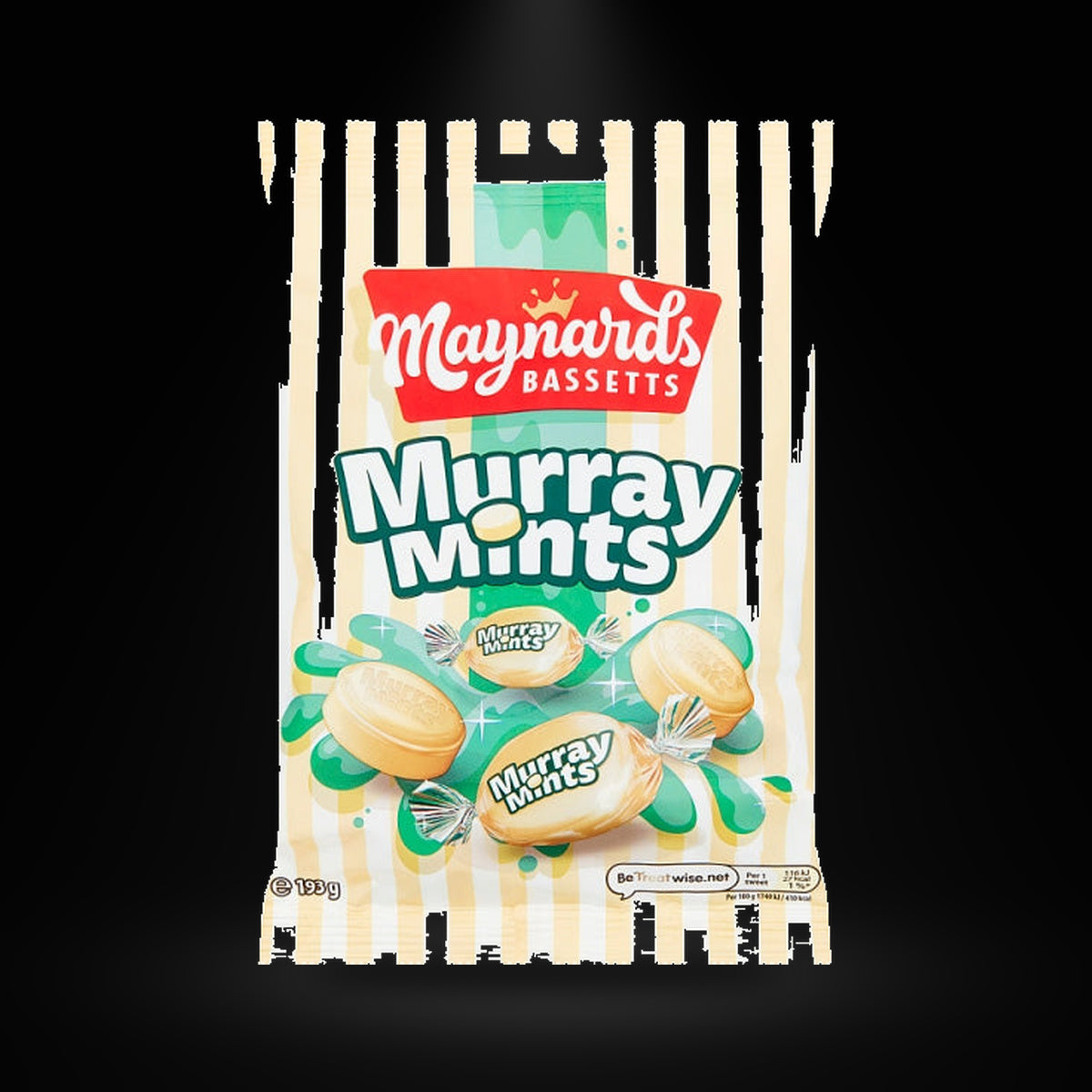 Maynards Bassetts Murray Mints on a black background with an overhead spotlight
