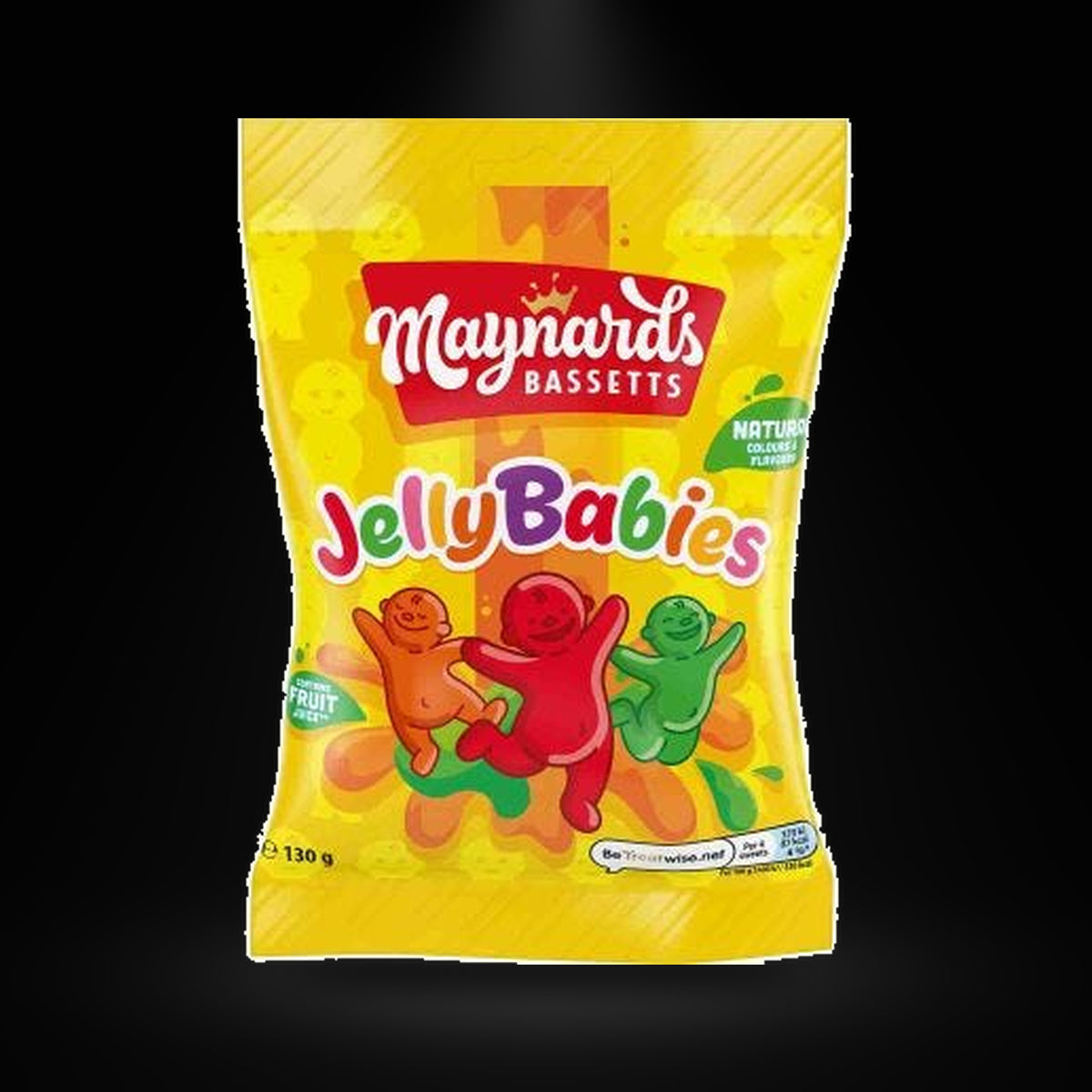 Maynards Jelly Babies on a black background with an overhead spotlight