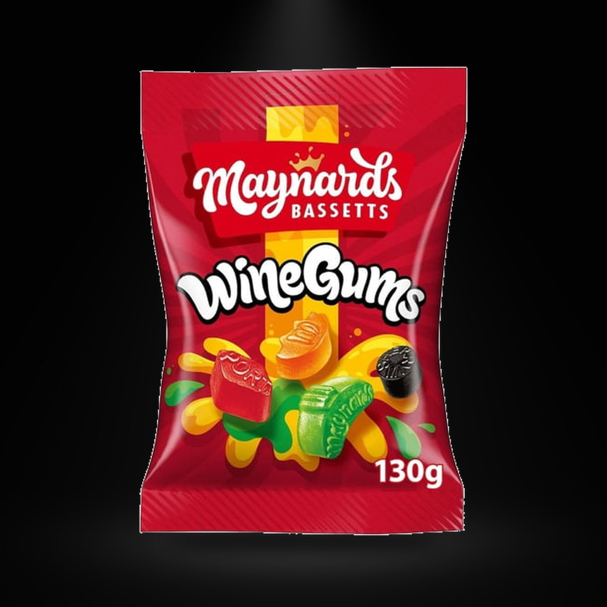 Maynards Wine Gums 130gm on a black background with an overhead spotlight