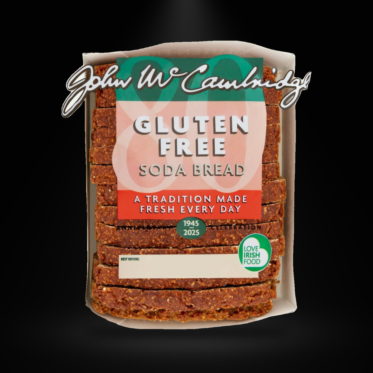 McCambridge gluten free soda bread on a black background with an overhead spotlight