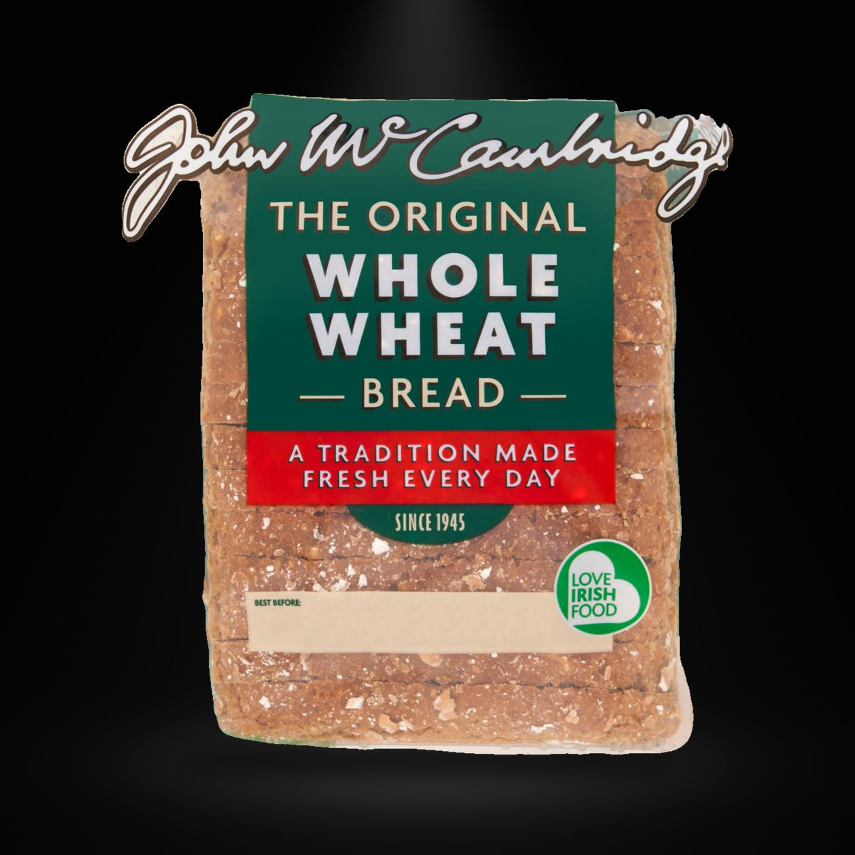 McCambridge Wholewheat Bread on a black background with an overhead spotlight