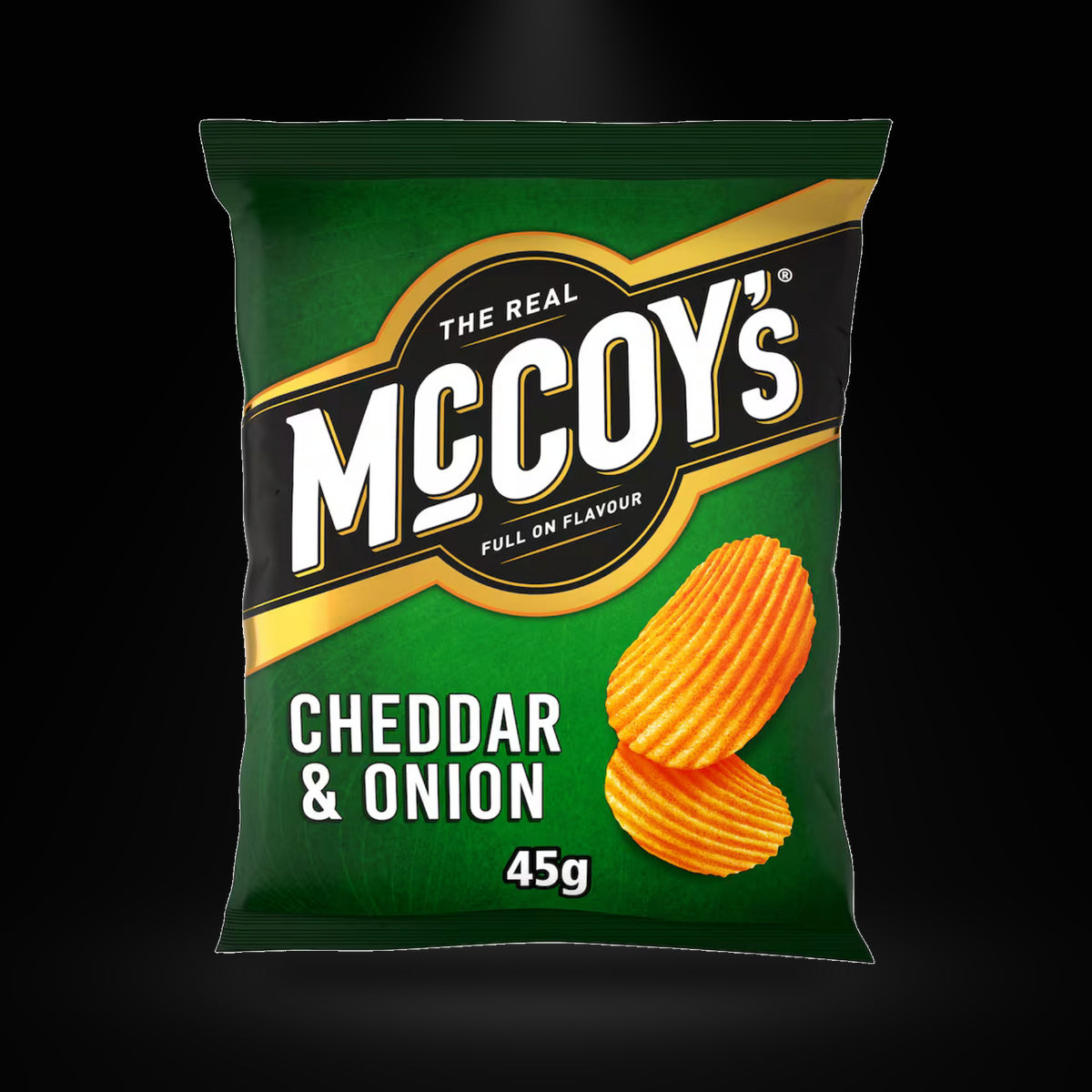 McCoy's Cheese and Onion on a black background with an overhead spotlight
