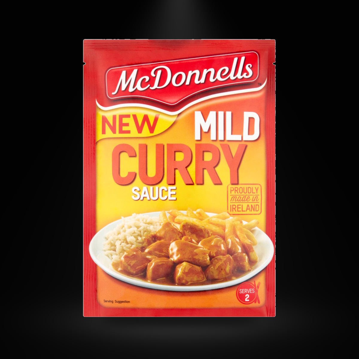 Mcdonells Mild Curry Sachets 50G on a black background with an overhead spotlight