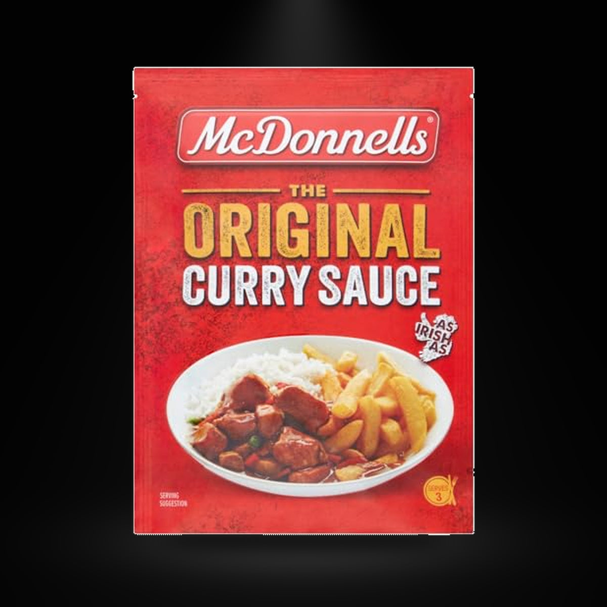 Mcdonells Original Curry Sauce 50gm on a black background with an overhead spotlight
