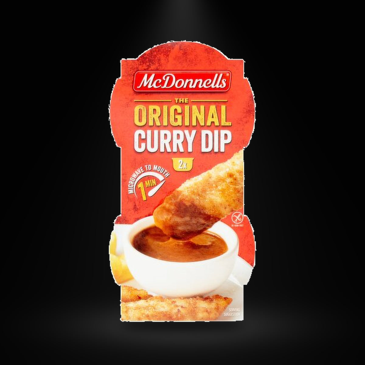 McDonnells Curry Dip 200G on a black background with an overhead spotlight