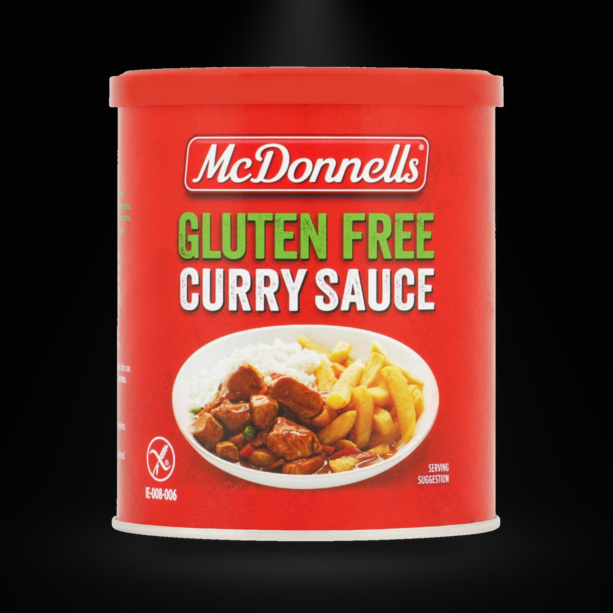 McDonnells Gluten Free Sauce on a black background with an overhead spotlight